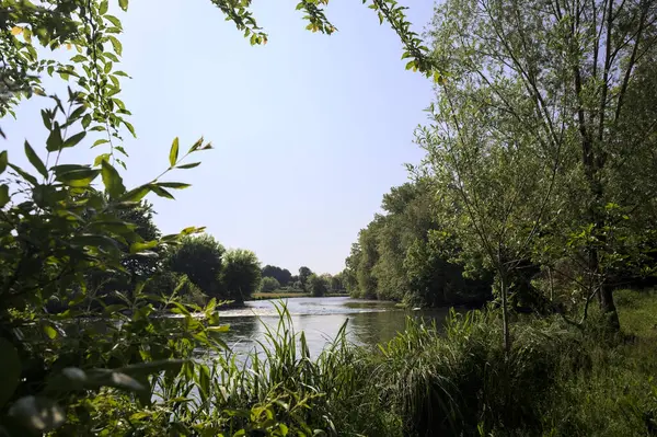 İtalya kırsalındaki bir parktan geçen nehir kıyıdaki ağaçlar ve bitkiler tarafından çerçevelenmiş bir şelale ile.