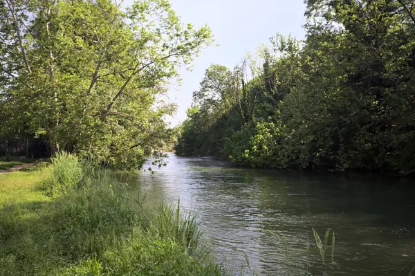 İtalya kırsalındaki bir köyde köprüsü olan bir parktan geçen nehir.