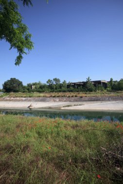 Bir ağaç tarafından çerçevelenmiş güneşli bir günde İtalya kırsalında bir eğlence kanalı.