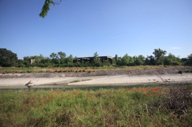 Bir ağaç tarafından çerçevelenmiş güneşli bir günde İtalya kırsalında bir eğlence kanalı.