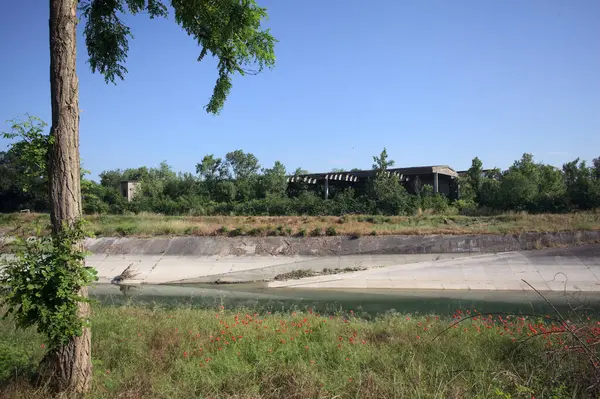 Bir ağaç tarafından çerçevelenmiş güneşli bir günde İtalya kırsalında bir eğlence kanalı.