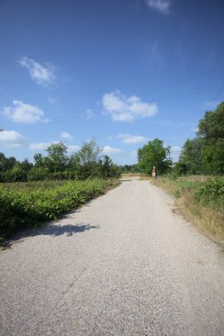 İtalya 'nın kırsal kesimlerinde güneşli bir günde bir bar tarafından engellenmiş, üzerinde elektrik hattı olan tarlalar arasındaki kirli yol.