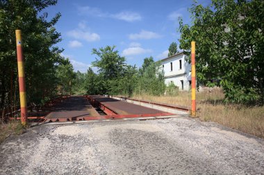 Güneşli bir günde terk edilmiş bir endüstriyel tesiste çalılarla çevrili bir ölçek platformu.