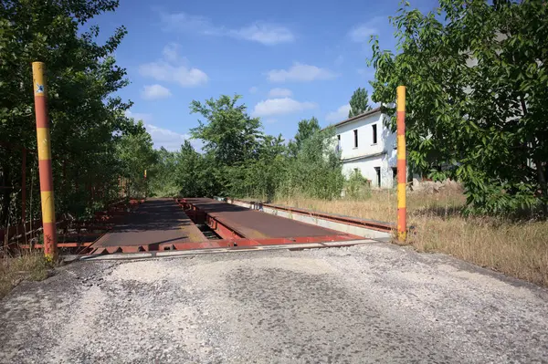 Güneşli bir günde terk edilmiş bir endüstriyel tesiste çalılarla çevrili bir ölçek platformu.