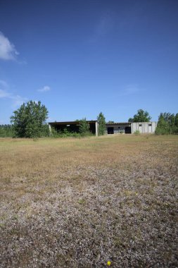Terk edilmiş bir yerleşkenin depoları güneşli bir günde ağaçlarla çevrili İtalya kırsalında kuru çimenler ve çakıllarla çevrili bir bahçeden görülebiliyor.