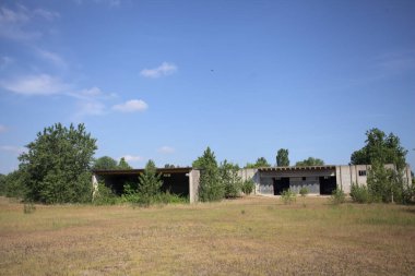 Terk edilmiş bir yerleşkenin depoları güneşli bir günde ağaçlarla çevrili İtalya kırsalında kuru çimenler ve çakıllarla çevrili bir bahçeden görülebiliyor.