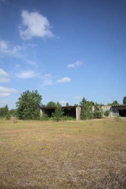 Terk edilmiş bir yerleşkenin depoları güneşli bir günde ağaçlarla çevrili İtalya kırsalında kuru çimenler ve çakıllarla çevrili bir bahçeden görülebiliyor.