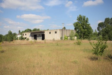 Terk edilmiş bir yerleşkenin depoları güneşli bir günde ağaçlarla çevrili İtalya kırsalında kuru çimenler ve çakıllarla çevrili bir bahçeden görülebiliyor.