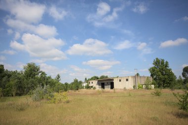 Terk edilmiş bir yerleşkenin depoları güneşli bir günde ağaçlarla çevrili İtalya kırsalında kuru çimenler ve çakıllarla çevrili bir bahçeden görülebiliyor.