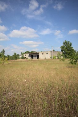 Terk edilmiş bir yerleşkenin depoları güneşli bir günde ağaçlarla çevrili İtalya kırsalında kuru çimenler ve çakıllarla çevrili bir bahçeden görülebiliyor.