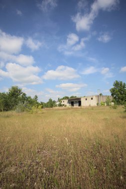 Terk edilmiş bir yerleşkenin depoları güneşli bir günde ağaçlarla çevrili İtalya kırsalında kuru çimenler ve çakıllarla çevrili bir bahçeden görülebiliyor.