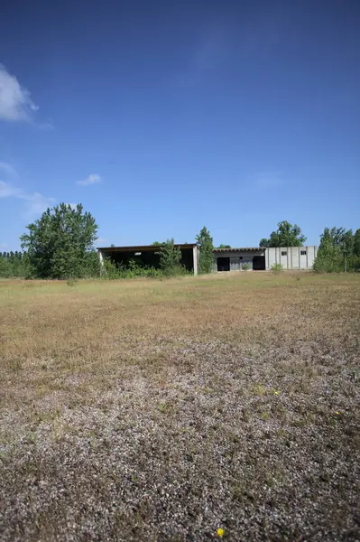 Terk edilmiş bir yerleşkenin depoları güneşli bir günde ağaçlarla çevrili İtalya kırsalında kuru çimenler ve çakıllarla çevrili bir bahçeden görülebiliyor.