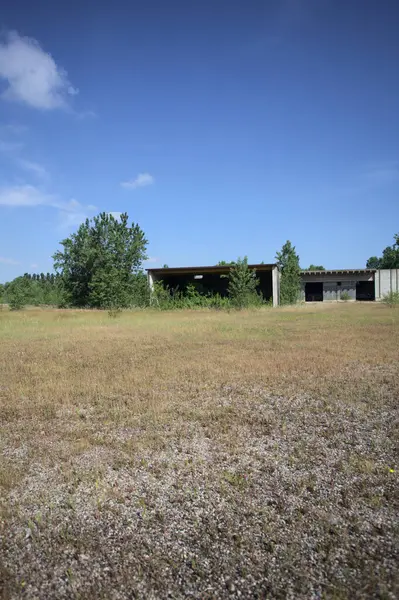 Terk edilmiş bir yerleşkenin depoları güneşli bir günde ağaçlarla çevrili İtalya kırsalında kuru çimenler ve çakıllarla çevrili bir bahçeden görülebiliyor.