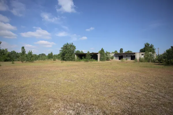 Terk edilmiş bir yerleşkenin depoları güneşli bir günde ağaçlarla çevrili İtalya kırsalında kuru çimenler ve çakıllarla çevrili bir bahçeden görülebiliyor.