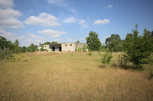 Terk edilmiş bir yerleşkenin depoları güneşli bir günde ağaçlarla çevrili İtalya kırsalında kuru çimenler ve çakıllarla çevrili bir bahçeden görülebiliyor.