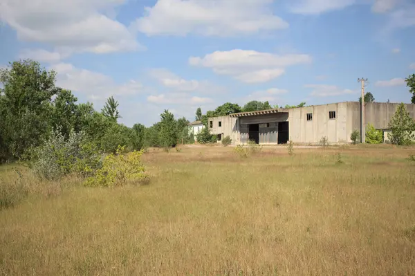 Terk edilmiş bir yerleşkenin depoları güneşli bir günde ağaçlarla çevrili İtalya kırsalında kuru çimenler ve çakıllarla çevrili bir bahçeden görülebiliyor.