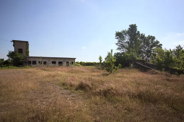 Çalıların yanındaki terk edilmiş bina ve güneşli bir günde çıplak bir avludan görülen elektrik hattı.
