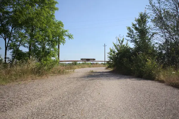 Eskimiş asfalt yollar, güneşli bir günde ağaçların çerçevelediği paslı bir bar tarafından kapatılmış.