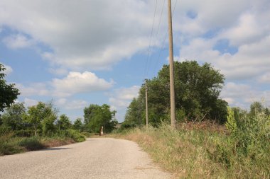 İtalya 'nın kırsal kesimlerinde güneşli bir günde bir bar tarafından engellenmiş, üzerinde elektrik hattı olan tarlalar arasındaki kirli yol.