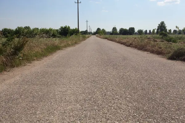 Ufuk çizgisine kadar uzanan eskimiş bir yol. İtalya kırsalında güneşli bir günde gelincikleriyle çevrili tarlalar.
