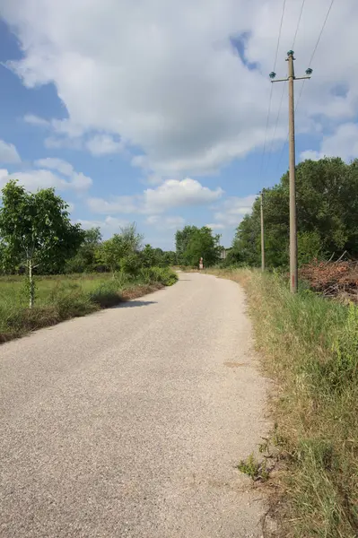 İtalya 'nın kırsal kesimlerinde güneşli bir günde bir bar tarafından engellenmiş, üzerinde elektrik hattı olan tarlalar arasındaki kirli yol.