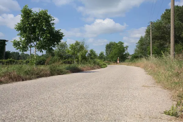 İtalya 'nın kırsal kesimlerinde güneşli bir günde bir bar tarafından engellenmiş, üzerinde elektrik hattı olan tarlalar arasındaki kirli yol.