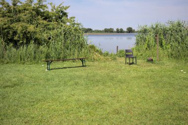 Güneşli bir günde göl kenarındaki bankta ve sandalyede sazlıkların çerçevelediği karşı kıyıda.