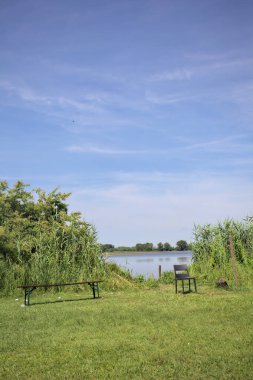 Güneşli bir günde göl kenarındaki bankta ve sandalyede sazlıkların çerçevelediği karşı kıyıda.