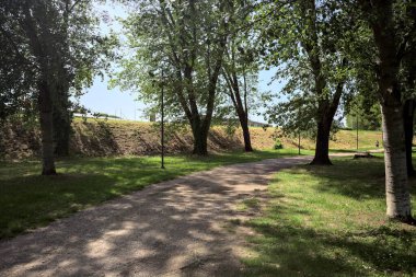 Ağaçların yanından geçen çakıl yolu güneşli bir günde parkta gölgeler bırakıyor.