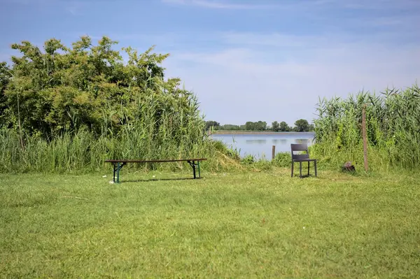 Güneşli bir günde göl kenarındaki bankta ve sandalyede sazlıkların çerçevelediği karşı kıyıda.