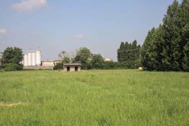 İtalya kırsalında güneşli bir günde arka planda sanayi kompleksi olan terk edilmiş beton bir kulübede terk edilmiş.