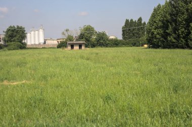 İtalya kırsalında güneşli bir günde arka planda sanayi kompleksi olan terk edilmiş beton bir kulübede terk edilmiş.