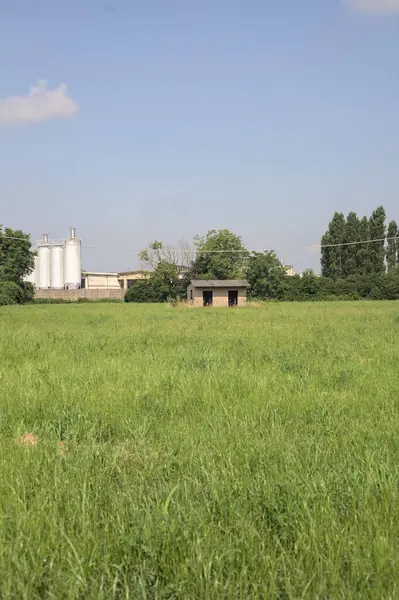 İtalya kırsalında güneşli bir günde arka planda sanayi kompleksi olan terk edilmiş beton bir kulübede terk edilmiş.