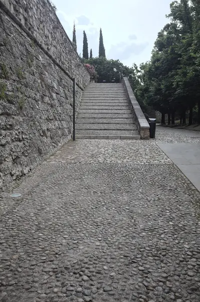 Güneşli bir günde bir kalenin iç duvarına dayanan merdiven.