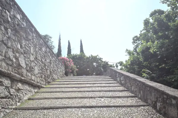 Güneşli bir günde bir kalenin iç duvarına dayanan merdiven.