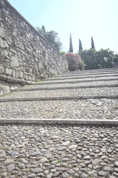 Güneşli bir günde bir kalenin iç duvarına dayanan merdiven.