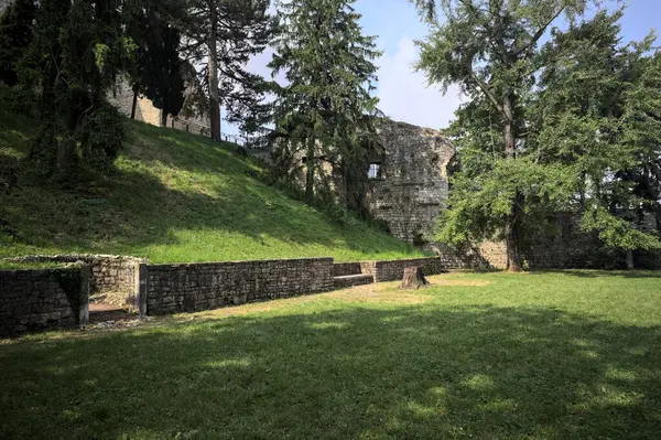 Etrafını çevreleyen ağaçlarla çevrili çimenler ve ağaçların arkasında bir şatonun kalıntıları olan gölgeler.