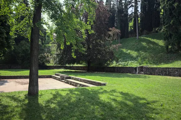 Etrafını çevreleyen ağaçlarla çevrili çimenler ve ağaçların arkasında bir şatonun kalıntıları olan gölgeler.