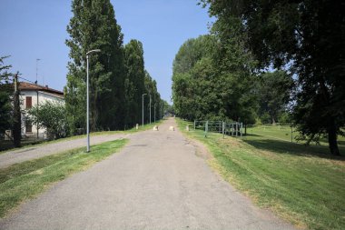 Güneşli bir günde, parkın kenarında kavak ağaçlarıyla çevrili bir toprak setin üzerinde, başlangıcının yanında bir ev olan bir patika.