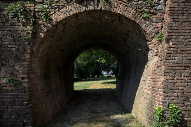 Ağaçlı bir çimenliğe uzanan köprünün kirişinin altındaki gölgedeki geçit.