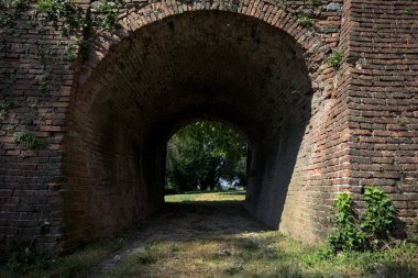 Ağaçlı bir çimenliğe uzanan köprünün kirişinin altındaki gölgedeki geçit.