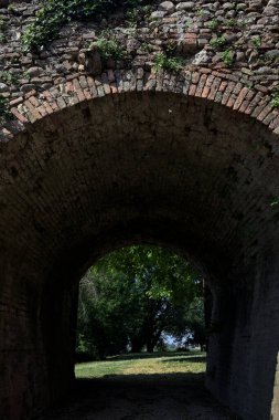 Ağaçlı bir çimenliğe uzanan köprünün kirişinin altındaki gölgedeki geçit.