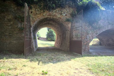 Üzerinde bitkiler büyüyen ve güneşli bir günde İtalyan kırsalında ağaçlarla çevrili tuğla köprü.