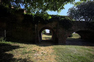 Üzerinde bitkiler büyüyen ve güneşli bir günde İtalyan kırsalında ağaçlarla çevrili tuğla köprü.