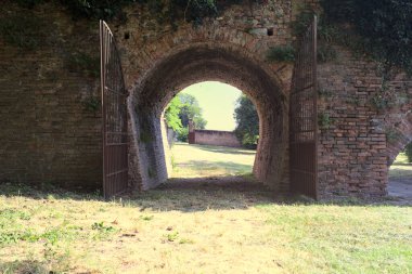 Üzerinde bitkiler büyüyen ve güneşli bir günde İtalyan kırsalında ağaçlarla çevrili tuğla köprü.