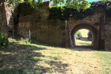 Üzerinde bitkiler büyüyen ve güneşli bir günde İtalyan kırsalında ağaçlarla çevrili tuğla köprü.