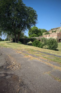 Kenarında kavak ağacı olan bir meydan ve arka planında ağaçlarla çevrili terk edilmiş bir saray İtalya kırsalında güneşli bir günde