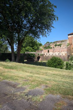 Kenarında kavak ağacı olan bir meydan ve arka planında ağaçlarla çevrili terk edilmiş bir saray İtalya kırsalında güneşli bir günde