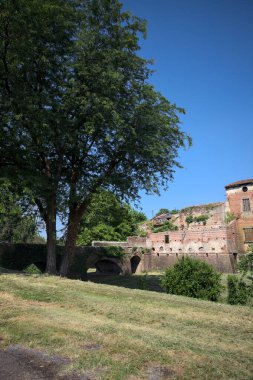 Kenarında kavak ağacı olan bir meydan ve arka planında ağaçlarla çevrili terk edilmiş bir saray İtalya kırsalında güneşli bir günde