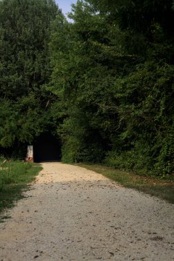 Gölün kenarındaki toprak patika ve gölgedeki bir korunun girişine giden ağaçlarla çevrili.